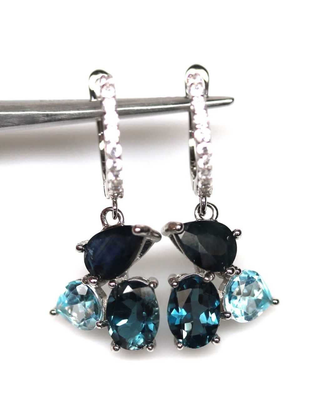 Genuine Sky Blue/London Blue Topaz & Sapphire Drop Earrings 925 Sterling Silver
